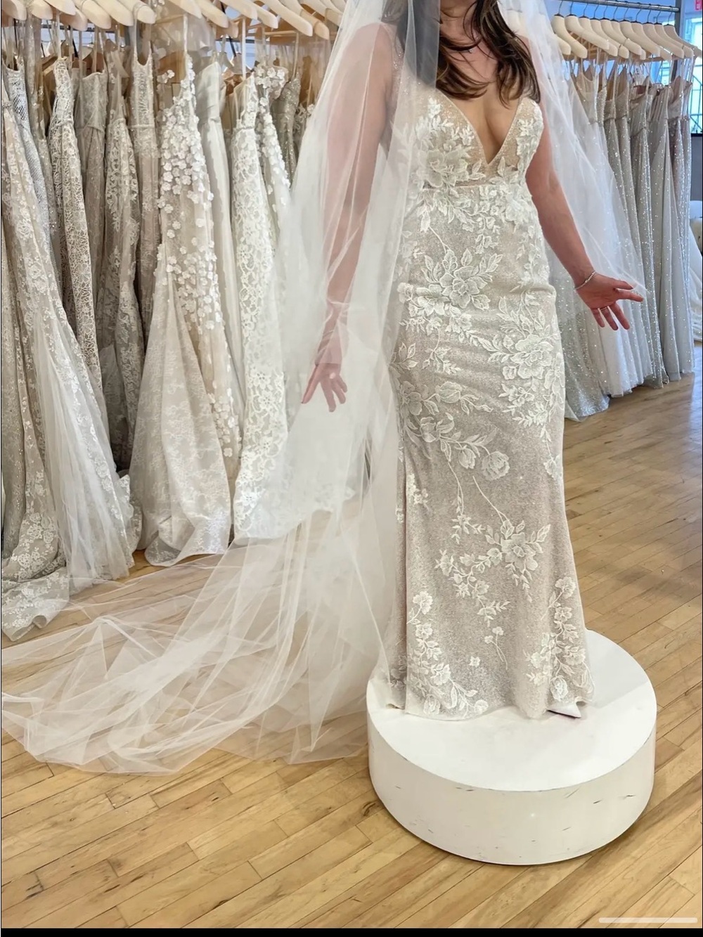 Beaded Floral Lace Wedding Gown with Plunging Neckline - Ivory